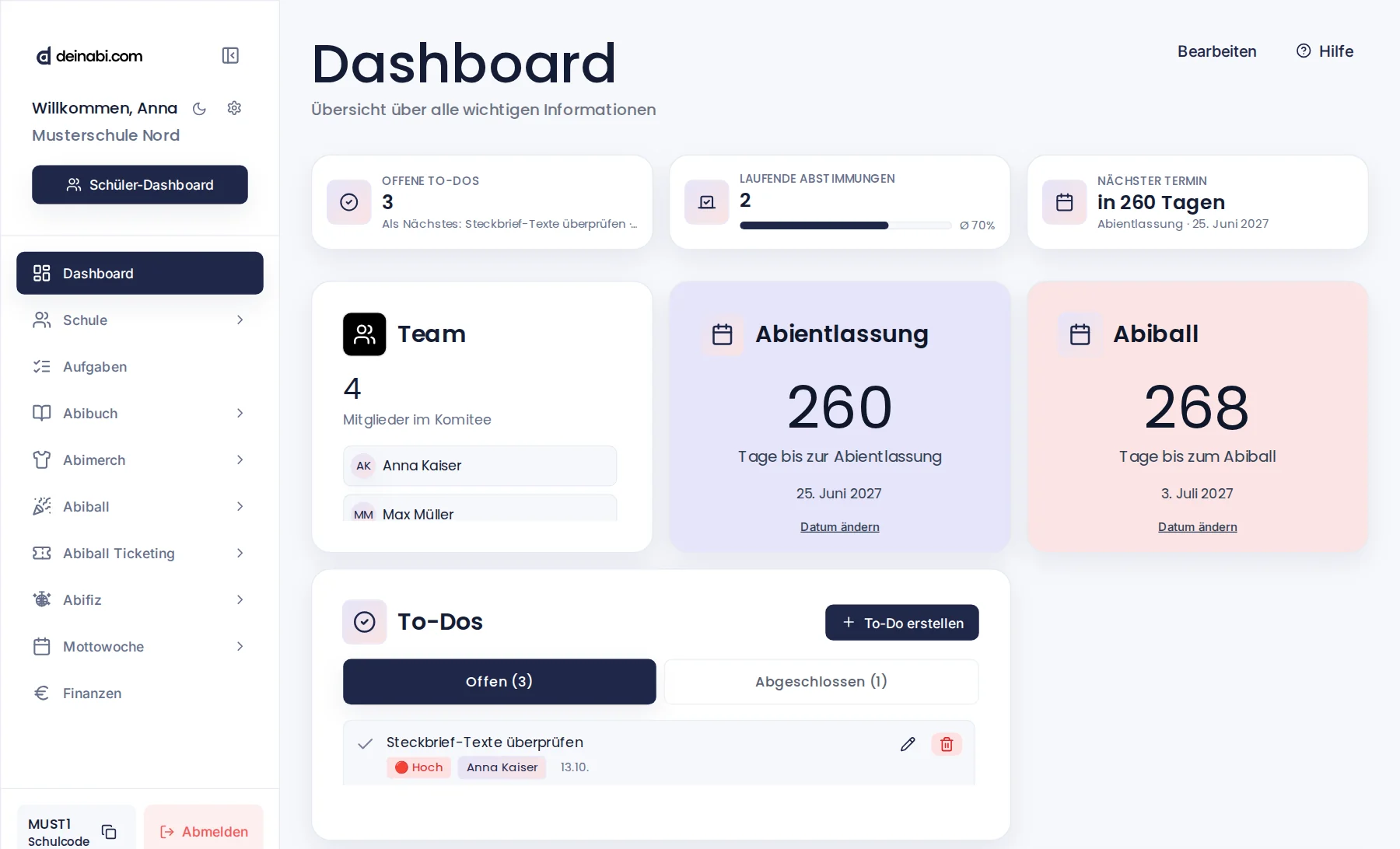 Admin-Dashboard von deinabi.com mit Beispieldaten: offene To-Dos, Abstimmungen, Team und Countdowns bis Abientlassung und Abiball